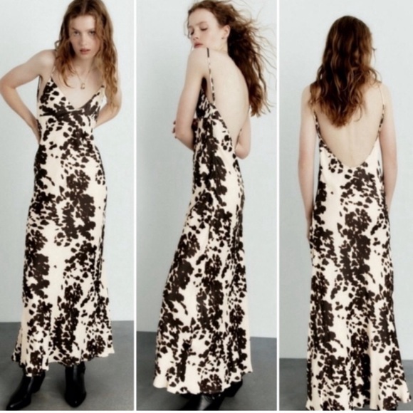 Zara Dresses & Skirts - ZARA cow print satin midi long dress silky v neckline satin effect Med